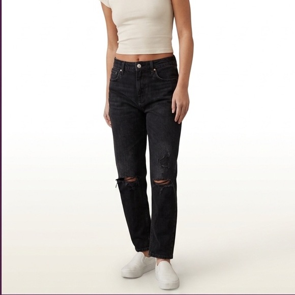 Zara Denim - Zara Highrise Black Mom Jeans Size 4 Distressed Cotton
